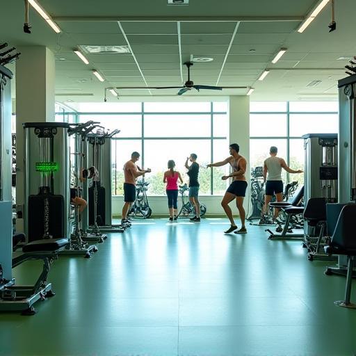 Salle de sport ÉnergieFit Paris, espace lumineux avec appareils modernes et adhérents en mouvement
