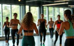 Cours collectifs de fitness dynamique, membres en mouvement, ambiance motivante